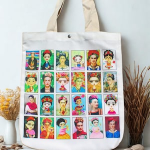 Frida Kahlo Tote Bag. Colorful Frida Kahlo Art Tote – 13"x15" Cotton Canvas Bag with Snap Button. Reusable & Eco-Friendly Gift Bag. Cute Bag