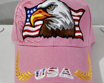 USA Baseball Hat. Embroidered American Flag Hat. American Bald Eagle Hat. Pink Hat. Christmas Gift. I Love USA Hat. American Flag. USA Cap