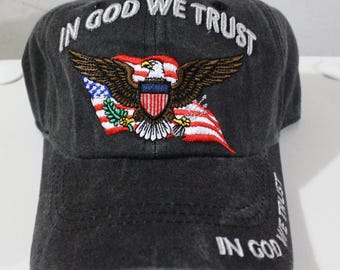 In God We Trust Baseball Hat. American Flag Hat. Gift for Dad. I Love USA Hat. Adjustable Black Hat. Washed Cap
