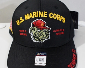 Premium U.S. Marine Baseball Hat. Officially Licensed U.S. Marine Corps Cap. Once a Marine, Always a Marine. Semper Fi. Adjustable Black Hat