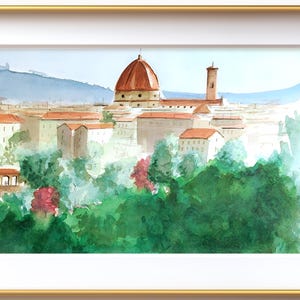 Firenze Cityscape Pittura ad Acquerello - Duomo di Santa Maria del Fiore vista dal Giardino dell'Orticultura Italy Travel Decor Art