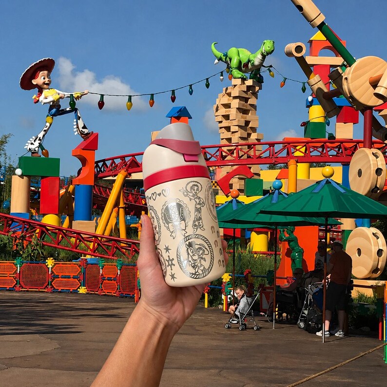 May include: A beige water bottle with a red and gray lid, featuring black and white cartoon illustrations. The bottle is held in front of a colorful amusement park scene with a roller coaster and Toy Story characters.