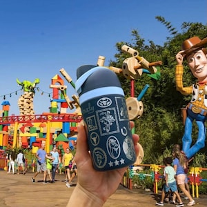 May include: A navy blue water bottle with a light blue lid and accents. The bottle features various cartoon character stamps and the word "Woody". The background shows a theme park with a Woody statue and colorful structures.