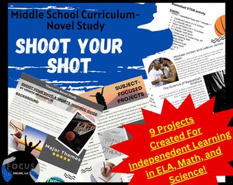 Puede incluir: Un gráfico de estrella roja con el texto "9 proyectos creados para el aprendizaje independiente en ELA, matemáticas y ciencias!" Un collage de imágenes coloridas con el título "Shoot Your Shot: A Sports-Inspired Guide" y "Proyectos centrados en la materia" El texto "Shoot Your Shot" está en letras grandes, negritas y blancas sobre un fondo azul.