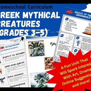 Może przedstawiać: Program nauczania domowego dla klas 3-5 o greckich stworzeniach mitologicznych. Drukowany materiał w kolorze zawiera informacje o bestiach z podziemnego świata, hybrydach ludzko-zwierzęcych, boskich stworzeniach i stworzeniach transformacyjnych. Jednostka zawiera sztukę, dramat, sugestie online i wiele więcej.