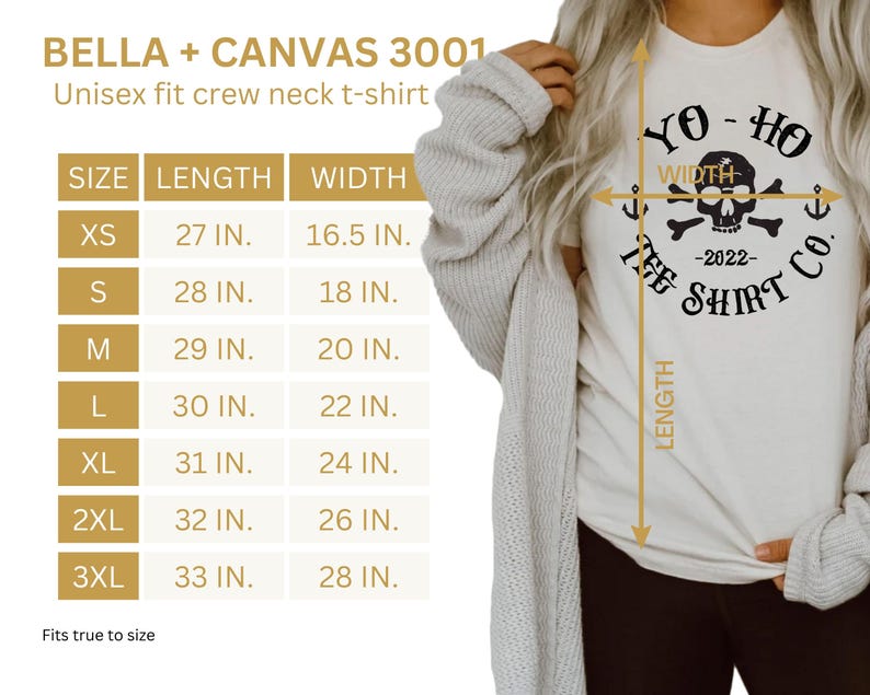 Puede incluir: Una camiseta blanca unisex con un gr&aacute;fico negro de calavera y huesos cruzados que dice "Yo-Ho The Shirt Co. -2022-". La camiseta es una Bella + Canvas 3001 y est&aacute; disponible en tallas XS-3XL. Se incluye una tabla de tallas con las medidas de longitud y ancho en pulgadas.
