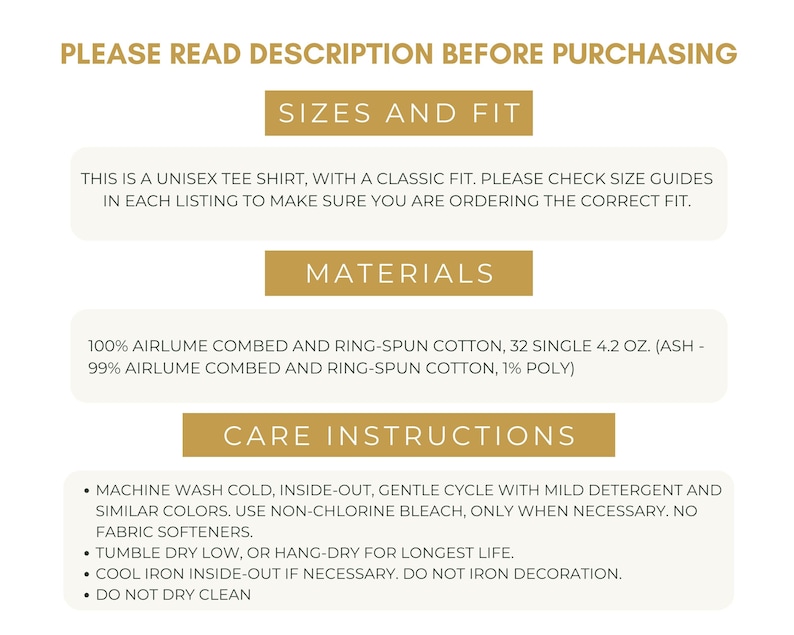 Puede incluir: Un gr&aacute;fico con instrucciones para el cuidado de una camiseta unisex. La camiseta est&aacute; hecha de 100% algod&oacute;n peinado y hilado en anillo airlume, 32 simple 4,2 oz. (Ash - 99% algod&oacute;n peinado y hilado en anillo airlume, 1% poly). Las instrucciones incluyen lavar a m&aacute;quina en fr&iacute;o, del rev&eacute;s, ciclo delicado con detergente suave y colores similares. Usar blanqueador sin cloro, solo cuando sea necesario. No usar suavizante. Secar en secadora a baja temperatura o colgar para una vida &uacute;til m&aacute;s larga. Planchar a baja temperatura del rev&eacute;s si es necesario. No planchar la decoraci&oacute;n. No lavar en seco.