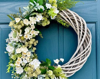 Green White Half Moon Wreath | Spring Summer Floral Door Decor