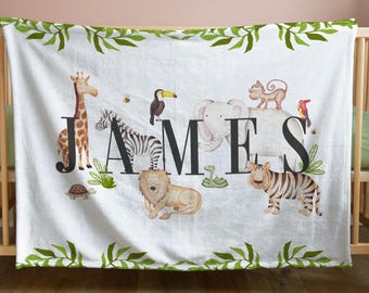 Personalized Jungle Animal Blanket for Baby or Toddler: Soft NurseryThrow, Custom Name Decor
