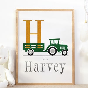 Impresión personalizada con nombre de bebé, arte de pared con nombre de bebé nuevo, impresión de recuerdo con temática de tractor para guardería.