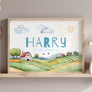 Personalisiertes neues Baby Druck, Bauernhof Thema Geburt Poster, Neugeborene Geburt Details Geschenk, Kinderzimmer Druck Andenken.