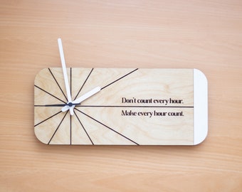 Modern Rectangle Wood Wall Clock, Custom Engraved, Minimalist Design