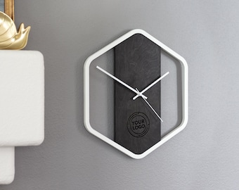 Personalized Hexagon Wooden Wall Clock, Modern Engraved Birch Decor
