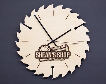 Personalized Saw Blade Clock – Engraved Birch Wood, Garage Decor