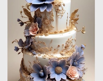 Op de afbeelding: Een witte taart met drie lagen, versierd met grote, lichtblauwe en perzik-kleurige suikerbloemen. De taart is versierd met goudkleurige bloemaccenten en staat op een witte en blauwe taartstandaard. Een prachtig middelpunt voor een bruiloft of speciale gelegenheid.