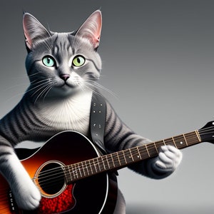 Carte de souhaits / Greeting card | Chat gris jouant de la guitare / Grey cat playing guitar
