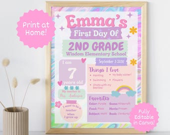 Editable First Day Of School Sign, Girly Prints Pink, Back to School,  Tie Dye Design, School Printables, Canva Template, Instant Download,