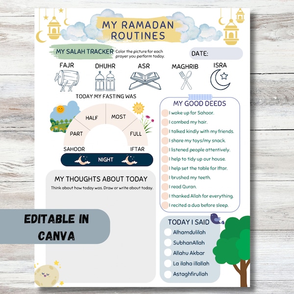 Ramadan Routines, Planner for kids, PDF, Ramadan Journal, Salah Tracker, Fasting, Good Deeds Checklist, Kids, Muslim, Islam, Ramadan Gifts