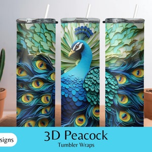 3D Peacock Tumbler Wraps - Sublimation, PNG, Crafts, Scrapbook