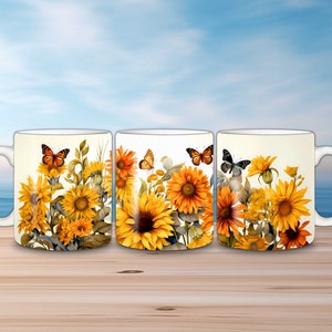 Emballage de tasse tournesol - Tournesols et papillons, sublimation de tasse, PNG