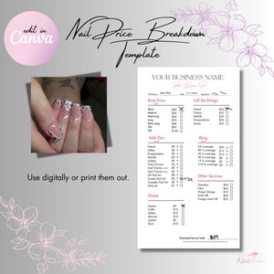 Folha de detalhamento de preços de unhas, modelo de detalhamento de preços de unhas, folha de cotação de unhas, técnico de unhas, lista de preços de unhas, fatura de unhas