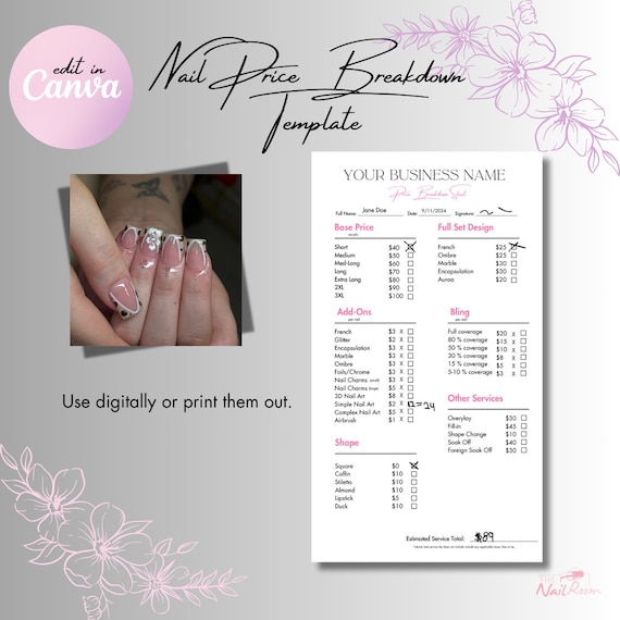 Editable Nail Salon Price Breakdown Sheet: Canva Template (Digital Download)