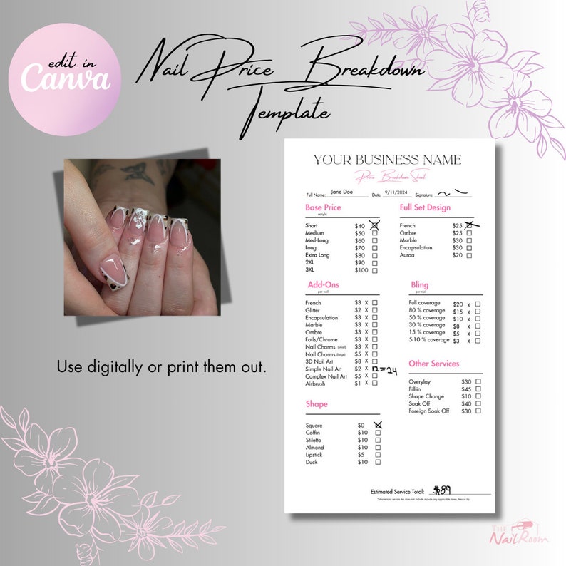 Pu&ograve; includere: Un modello di listino prezzi per un salone di manicure stampabile con un design floreale rosa e bianco. Il modello include sezioni per il prezzo base, il design del set completo, gli extra, il bling e altri servizi. Il totale stimato del servizio &egrave; di 89 &euro;.