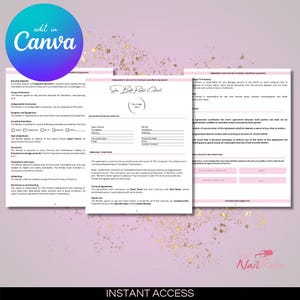 May include: A printable salon booth rental agreement contract with sections for security deposit, scope of services, independent contractor, included amenities, operating hours, compliance with laws, maintenance and cleaning, and terms of agreement. The contract includes a section for the salon owner and renter to sign and date.