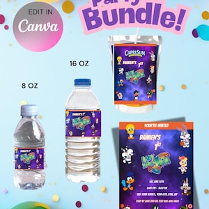 Baby SpaceJam decor, Space Jam water Bottle labels, Baby SpaceJam Party, Space Jam invitation, Space Jam template, Space Jam party favors