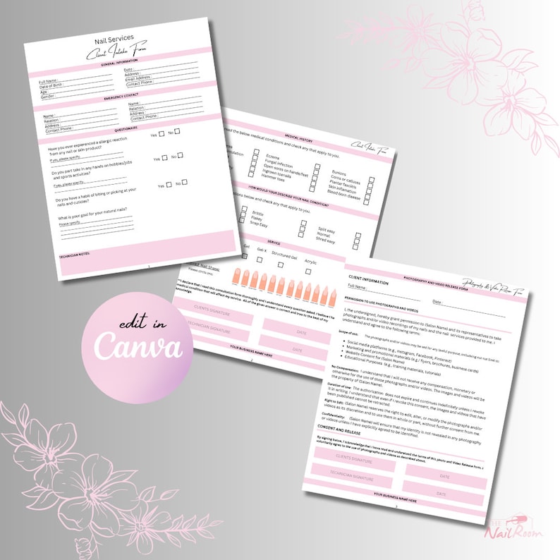 May include: A pink and white client intake form for nail services. The form includes sections for general information, medical history, client information, and photography and video release. The form is titled "Nail Services Client Intake Form".