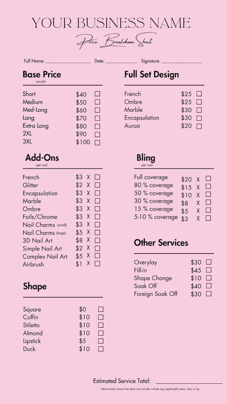 Pu&ograve; includere: Un listino prezzi rosa per i servizi di salone di manicure. L'elenco include i prezzi base per le unghie acriliche, i design completi, gli extra, il bling, gli altri servizi e le forme. L'elenco include anche una sezione per il totale stimato del servizio.