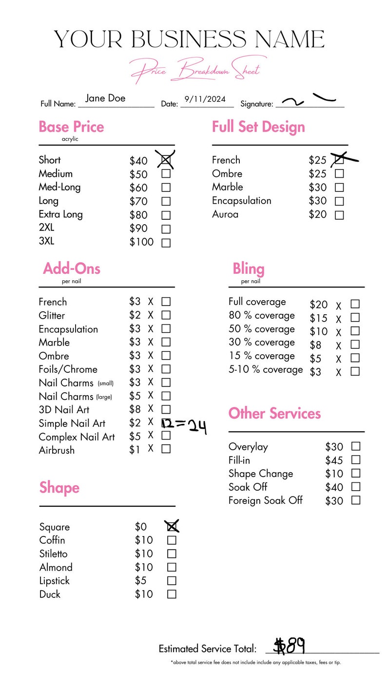 Pu&ograve; includere: Un foglio di riepilogo dei prezzi per i servizi di manicure. Il foglio elenca i prezzi per diverse forme, lunghezze, design e aggiunte per le unghie. Il totale stimato del servizio &egrave; di 89&nbsp;&euro;.