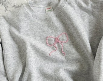 Hand-Stitched Bow Crewneck Sweatshirt, Light Pink Thread