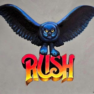 May include: A painting of a blue owl with outstretched wings perched above the word "RUSH" in red and yellow lettering. The owl has yellow eyes and is set against a gray background. The artwork is signed "Kel Hendrix '26".