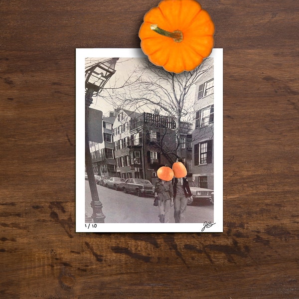 Halloween Collage Print - 'Afternoon Stroll' [Surrealist Collage, Pumpkin Decor]