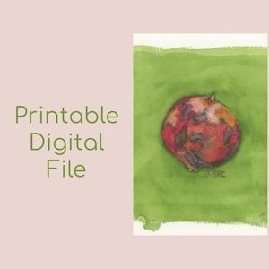 Pomegranate Watercolor Painting Digital File, 4 by 6, Small Print, Pretty Original Still Life Desk Art, Mother&#39;s Day Christmas Gift