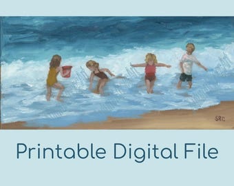 Children Playing at a Beach Oil Painting Digital File, Original Ocean Desk Art Decor, 6 by 12, Summer, Christmas Mother's Day Gift, Present