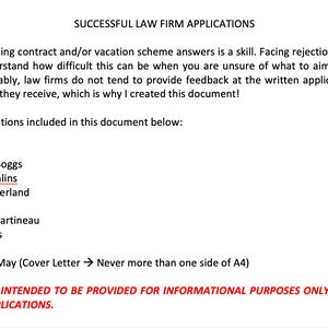 May include: A list of law firms and their applications for training contracts and vacation schemes. The list includes DLA Piper, Gowling WLG, Squire Patton Boggs, Trowers & Hamlins, Eversheds Sutherland, Hogan Lovells, Shakespeare Martineau, Pinsent Masons, DWF, and Slaughter and May. The text states that these examples are intended to be provided for informational purposes only and should not be copied for applications.