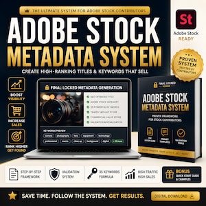 May include: An advertisement for the Adobe Stock Metadata System. The image features a laptop displaying metadata generation, a book, and icons for boosting visibility, increasing sales, and ranking higher. The text includes "Create High-Ranking Titles & Keywords That Sell."