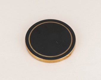 Vintage Elgin American Round Black Enameled Gold Toned Compact Mirror circa 1950s