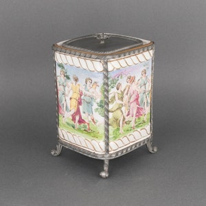 Vintage Italian Porcelain Cookie Jar with Pewter Frame and Lid, Florentine Style Covered Storage Jar