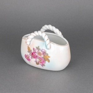 Vintage Porcelain Basket Vase Planter with Pink Wild Roses