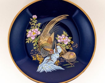 Vintage Japanese Cobalt Blue Porcelain Plate - Pheasant Floral