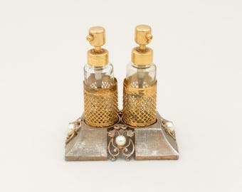 Vintage Double Perfume Bottle Holder Set, Gold Hollywood Regency Vanity Decor