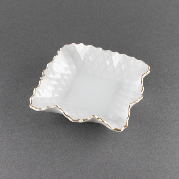 Vintage Japanese White Square Porcelain Dish with Quilted Pattern, Gold Trim Ruffle Edge Bowl, Small Sauce Plate, MCM Bridal Shower Gift