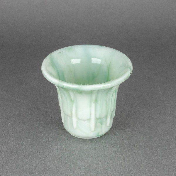 Vintage Akro Agate Marbled Green & Custard Slag Glass Plant Pot, Uranium Glass Flower Container Glows Under UV Light