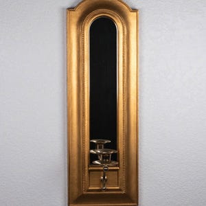 Single Vintage Gold Rectangular Mirror with Sconce, Wall Mounted Candle Holder and Mirror, Hollywood Regency Housewarming Gift