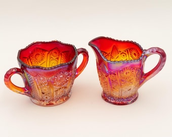 Juego de cremera y azucarero de vidrio vintage Indiana Heirloom Sunset Carnival, década de 1970, Amberina Glassware