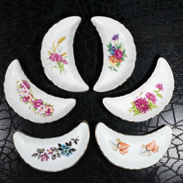 Crescent Moon Trinket Tray, Witchy Alter Dish, Floral Catch All Bowl, Porcelain Vanity Tray, Victorian Bone Plate, Powder Room Accessory