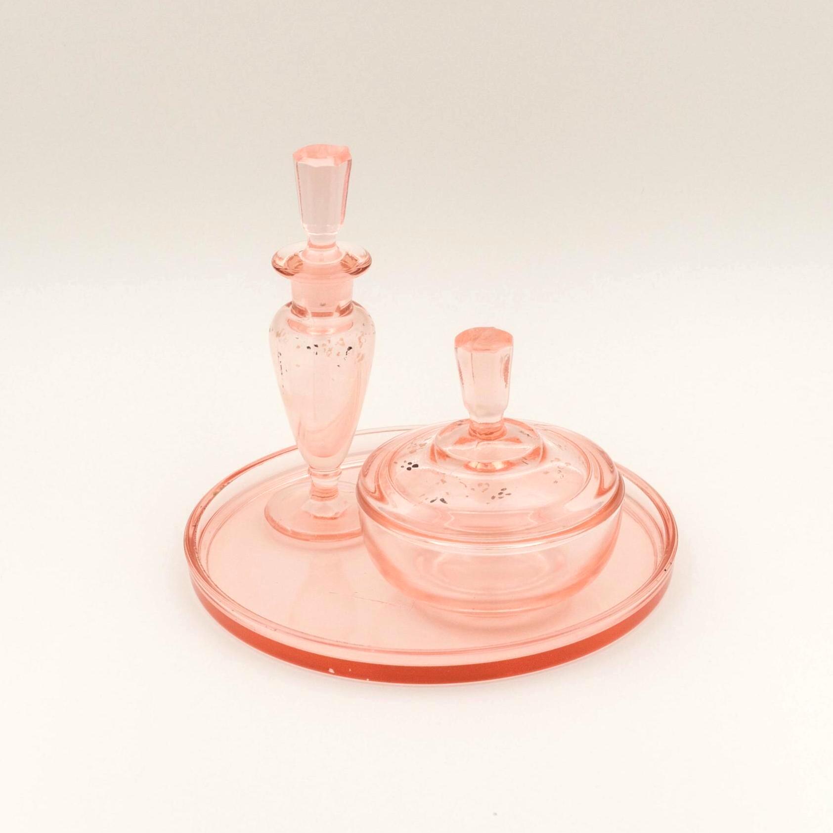 open lace back dress Vintage Pink Glass Dressing Table Set – Oddeyes Vintage main image 0